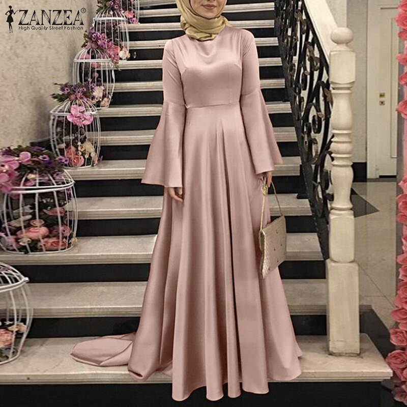 ZANZEA Muslimah Womens Muslim Flare Long Sleeve Satin Plain Party Gown Maxi Dresses